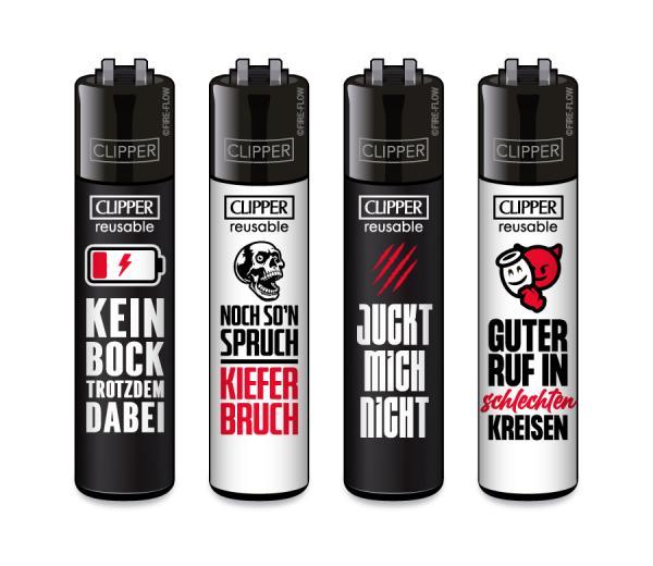 Clipper CLASSIC Large – Sprüche #2 4er Set mit „Kein Bock“, „Kieferbruch“, „Juckt mich nicht“ und „Guter Ruf“; nachfüllbar, Softflame, Stopfhilfe.